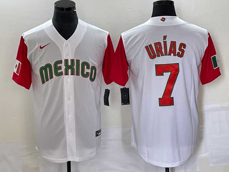 Men%27s Mexico Baseball #7 Julio Urias Number 2023 White Red World Classic Stitched Jersey 22